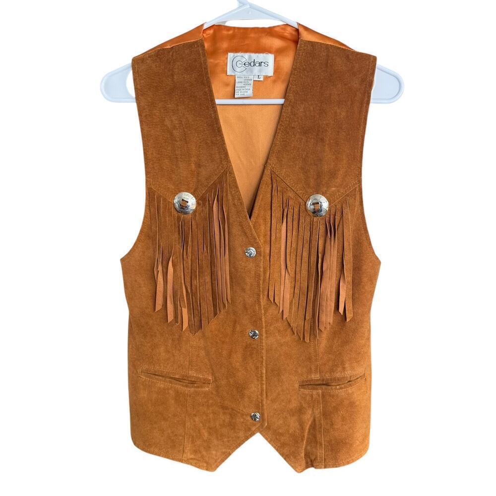 Vtg Cedars Suede Vest Fringe Leather Brown Large Western Cowboy Cowgirl - Picture 1 of 11